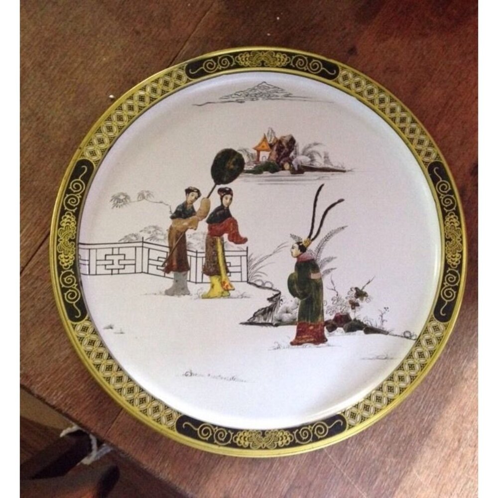 Vintage Oriental Chinese Metal Serving Tray Sunshine Biscuits Love Story Tang